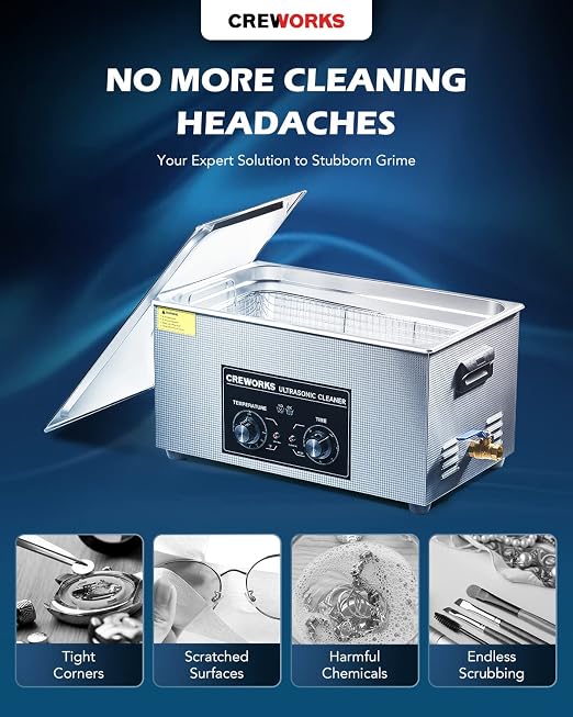CREWORKS Ultrasonic Cleaner with Heater and Timer, 480W 22L Professional Ultrasonic Cleaning Machine, 5.8 gal Stainless Steel Cleaner with Knobs for Tool Jewelry Watch Glasses and More