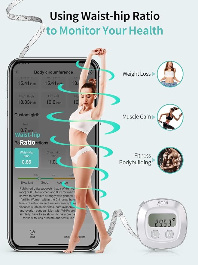 Slimpal Smart Body Measuring Tape, Digital Tape Measure for Weight Loss | Bluetooth Body Tape Measure with App, Retractable Waist Hip Bust Arm Measuring Tape for Body Fat BMI Fitness Tracking