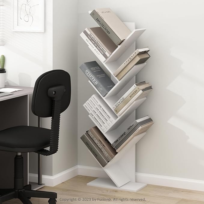 Furinno TREE Book Shelf, 9-Tier Bookshelf, Tree Bookcase with Angled Open Shelf, 8.4 x 15.7 x 50.9, for Room Decor, for Living Room, Bedroom, Home Office, White