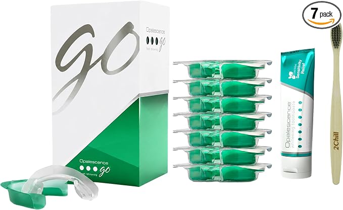 Opalescence GO 15 Teeth Whitening Trays Bundle 15% Hydrogen Peroxide 6288-T | Gel Prefilled Trays - Includes Sensitive Toothpaste Travel Size 1 Oz & 2Chill Toothbrush. Mint - by Ultradent (7 Treatments)