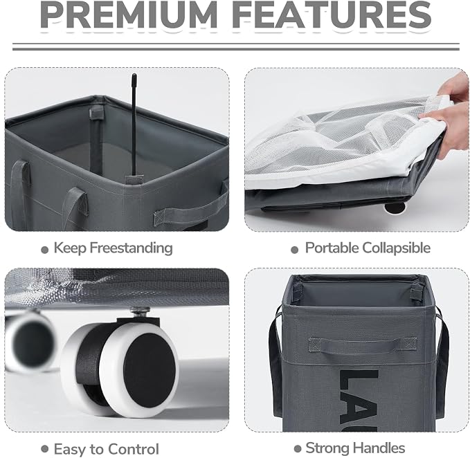 CHICVITA Hamper with Wheels 2-Pack, 75L Large Laundry Baskets with Removable Wash Bags, Foldable Laundry Baskets with Slim Design for Corner Dorms, Rolling Laundry Hamper on Wheels, Grey