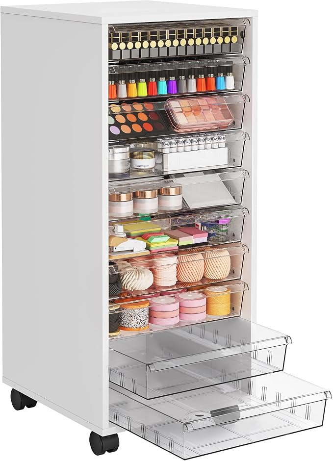 WOPITUES Storage Drawer Cart, Mobile Storage Cabinet, Makeup Storage with 10 Large Clear Drawers, Utility Wooden Rolling Cart on Wheels, for Cosmetic, Art Craft, Office Supplies, Toy, White