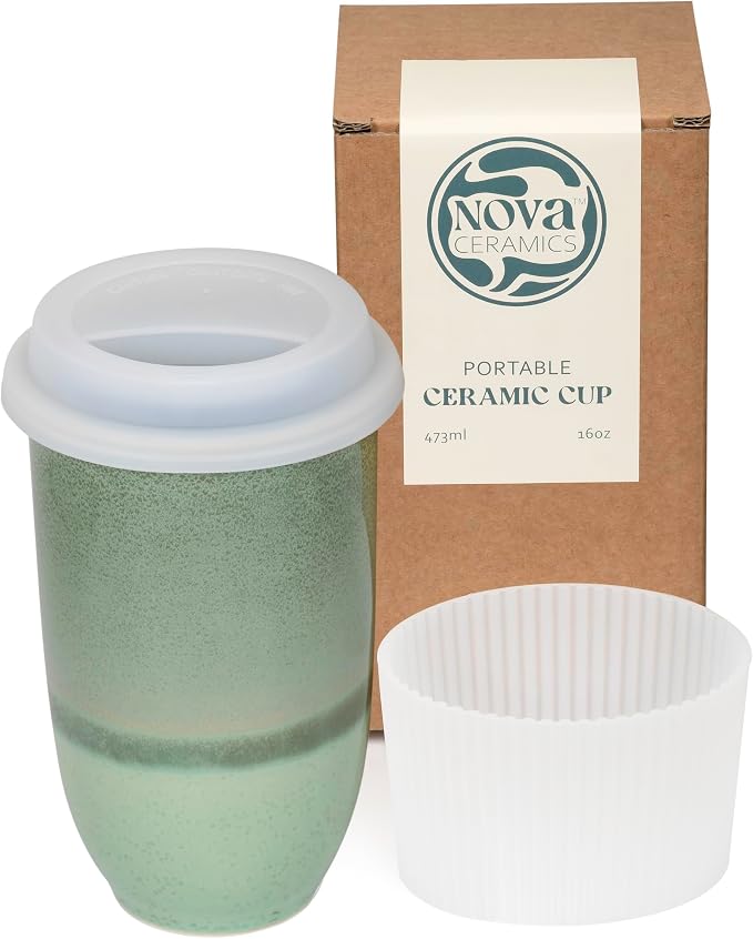 NOVA CERAMICS Coffee Travel Mug – Reusable Coffee – Microwave & Dishwasher Safe Coffee Green Tumbler - Gifts For Women Men Him Her – 16oz – Emerald