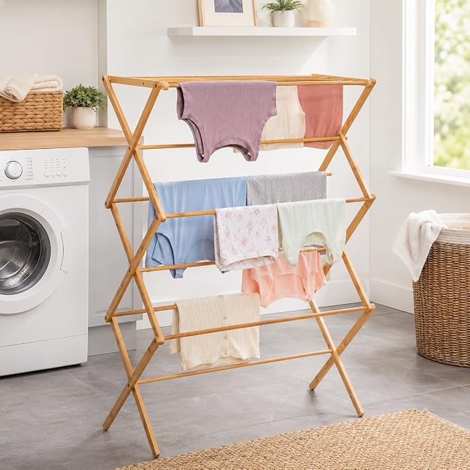Honey-Can-Do Bamboo Collapsible Clothes Drying Rack, 25 Linear Feet | Folds flat for storage; 40 lb capacity; multi-tier drying for sweaters, towels & delicates; indoor or outdoor use
