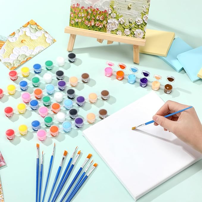 Qilery 840 Pcs Mini Acrylic Paint Set 60 Set 12 Colors Washable Paint Strips 60 Pcs Flat Brushes 60 Pointed Brushes for Arts Crafts Birthday Party Favors(3 ml)