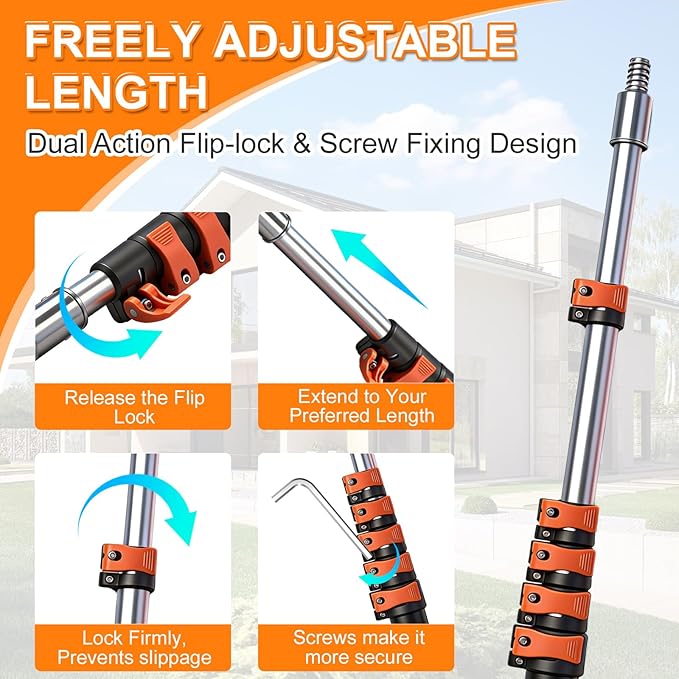 30FT High Reach Duster Kits with Dual Action Flip-Lock & Screw Fixing Design, 5-24FT Extension Pole, Cobweb Duster, Washable Ceiling Fan Cleaner & Window Squeegee for Glass & High Roof