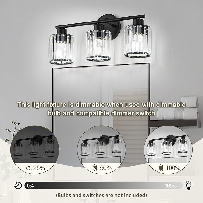 Crystal Bathroom Light Fixtures, Bathroom Lighting Fixtures Over Mirror, Modern Black 3-Light Vanity Lights for Mirror, Restroom, Bedroom (Ceramic E26 Socket,Bulbs Not Include)