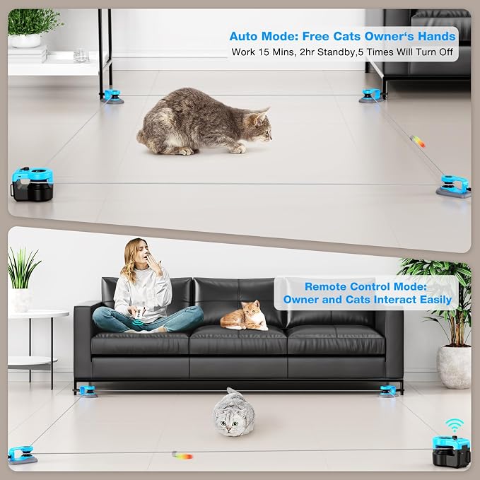Interactive Cat Toy for Indoor Cats, Auto/Remote Control DIY Cat Mouse Hunting Treadmill Keep Bored Kitten Puppy Entertained to Chase, Feather Toy to Exercise-Blue & Black