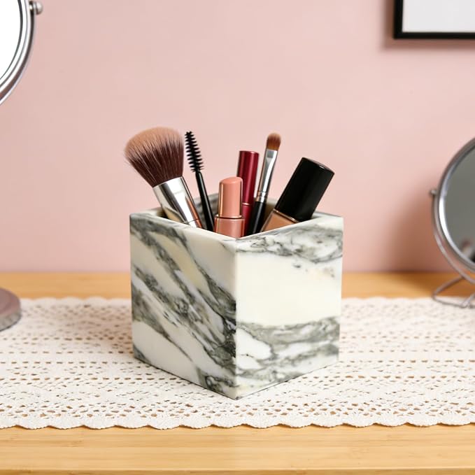 Natural Marble Makeup Brush Holder for Vanity, Toothbrush Holder for Bathroom, Luxurious Countertop Organizer, Arabescato White Bathroom Accessories