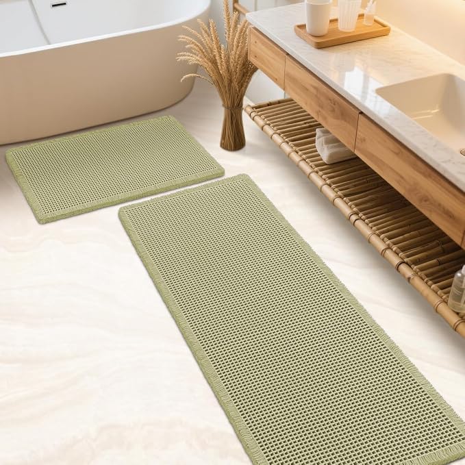 IM HOME Waffle Bath Mat Set Green 2 Piece, Woven Modern Bath Rug Mats, Absorbent Non Slip Bath Floor Mat, Soft Washable Boho Bath Rugs with Tassels for Bathroom, Bedroom, Kitchen,Tub