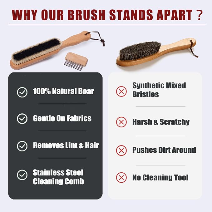 Lint Brushes for Clothes, 100% Natural Boar Bristle Clothes Brush for Cashmere & Wool, Cashmere Comb & Sweater Comb, Removes Fibres & Pet Hair, with Hanging Hole & Straps, Includes Cleaning Comb