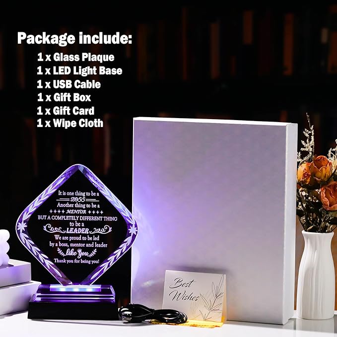 Glass Best Boss Ever Gifts for Women with LED Light Base, Personalized Appreciation Gift for Men, Retirement Plaque Gifts for Lady Boss Going Away, Boss's Day Gift Idea for Office Home Decoration
