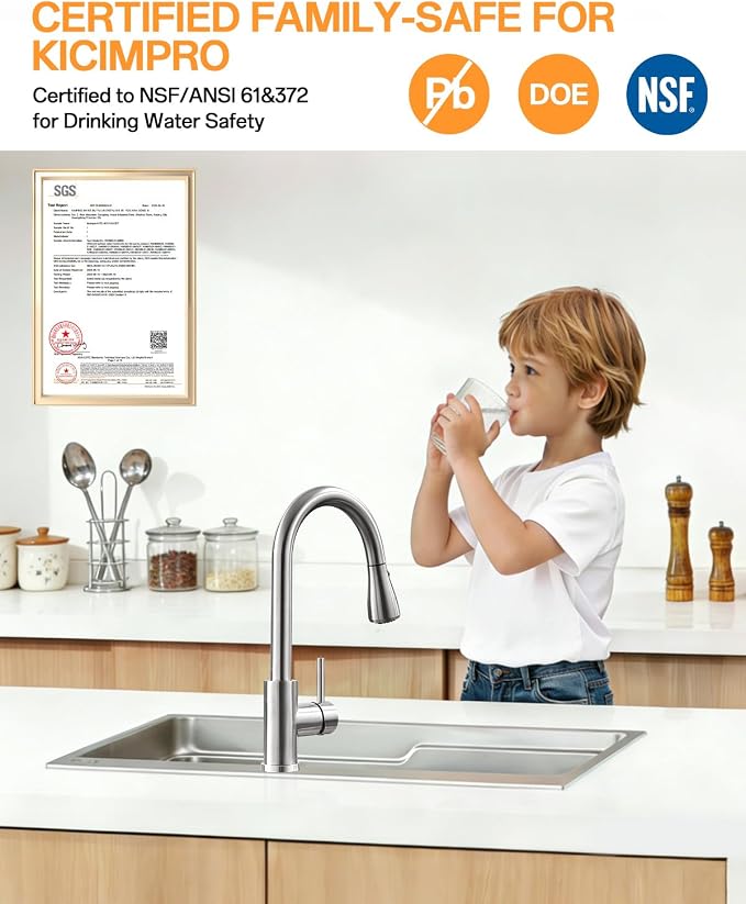 Kicimpro Kitchen Faucets with Pull Down Sprayer, NSF Certified Lead-Free 304 Stainless Steel Sink Faucet 1 Hole, Faucet for Kitchen Sink, Rv, Bar, Camper, Laundry, Easy Installation,Brushed Nickel | 3 Spray Modes, 360 Swivel, Deck Plate, SUS304, Fits 1...