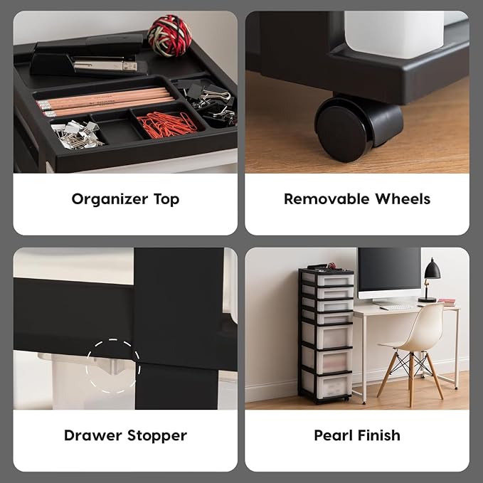 IRIS USA 2 Pack 7-Drawer Plastic Storage Rolling Organizer Cart with Caster Wheels for Laundry Room, Bathroom, or Closet Dresser Storage, Black/Clear