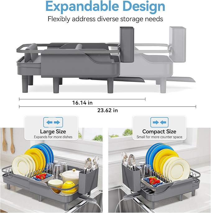 Urackify Expandable Dish Drying Rack for Small Kitchen Counter, Matte Grey | Adjustable Capacity, Self-Draining Drainboard, Heavy-Duty Steel Frame, Stable Plate Rack, Fits Most Sinks