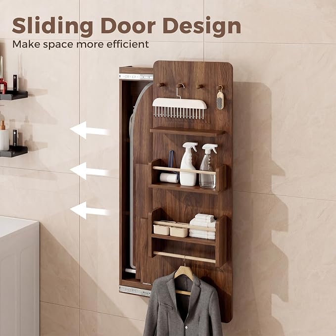Kikihouse Wall Mounted Ironing Board Cabinet with Storage, Foldable Wall Ironing Board with Sliding Door, Wall Mount Space Saving Ironing Station for Laundry Room, Living Room, Entrance (Walnut)