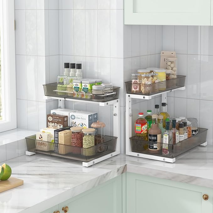 ADRIMER Under Sink Organizer 2 Packs, Pull Out Kitchen Sink Organizer, 2 Tier Slide Out Kitchen Organizers and Storage Bathroom Under Cabinet Storage Shelf, Grey & White