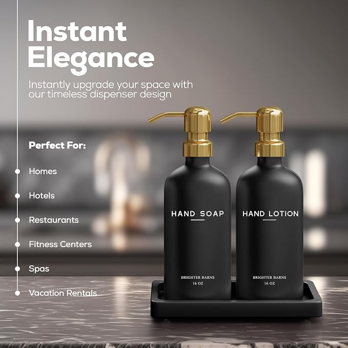 Luxury Glass Soap and Lotion Dispenser Set with Tray by Brighter Barns - Black and Gold Soap Dispenser Bathroom Set - Modern Bathroom Decor for Airbnb, Guest House, Vacation Rental, Gift (Black/Gold)