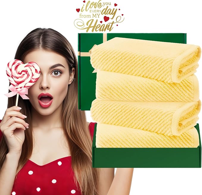 VOOVA & MOVAS Bathroom Hand Towels 4PC, 100% Cotton, 18x28 in, Yellow | Thick, Quick Dry, Soft, Absorbent, Bathroom Essentials, Ideal For Bath, Spa, Guest Room Use