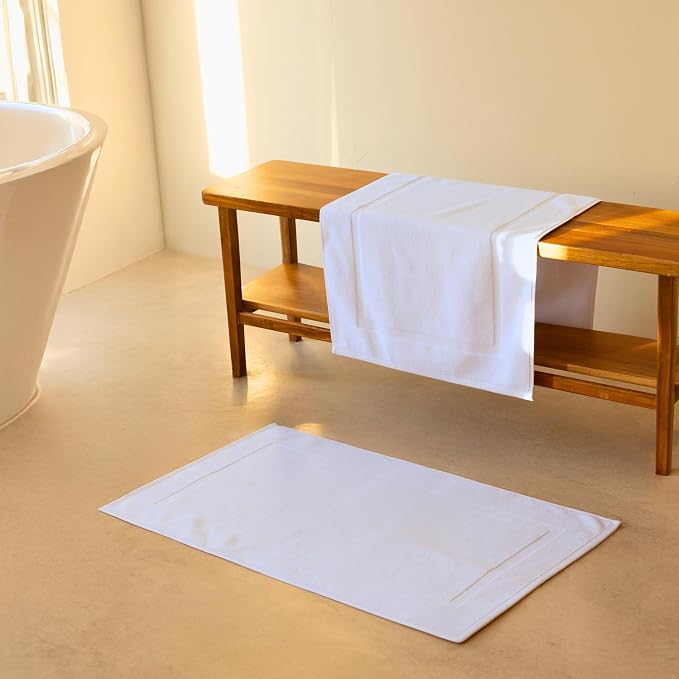 SALBAKOS 2-Piece 100% Turkish Cotton Bath Mat Towel, 20x34 inch, White | Bathroom Floor Towels, Thick Soft Most Absorbent Quick-Dry Durable Large Size Foot Rug, Premium Hotel Quality Made in Turkey