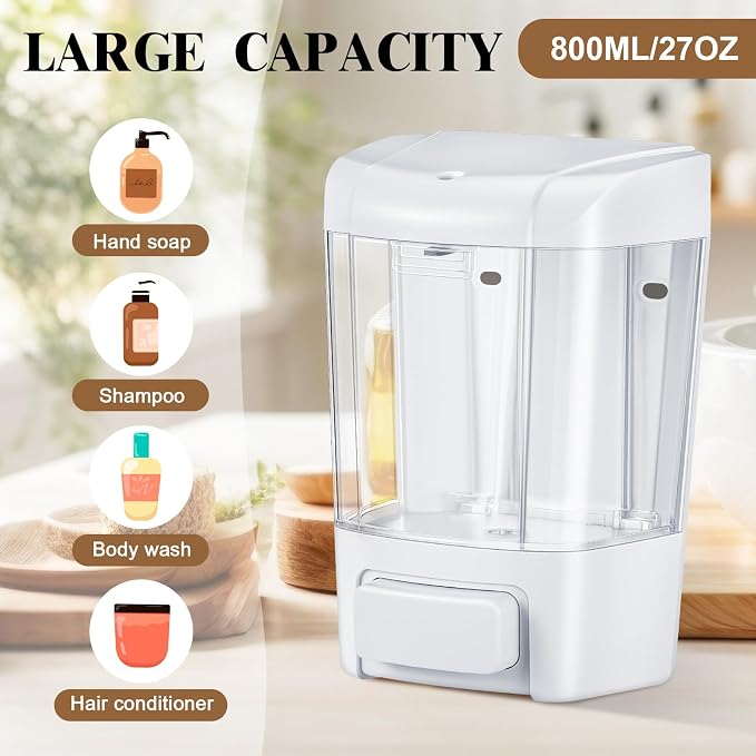 Hushee 4 Pcs Plastic Wall Mounted Soap Dispenser Commercial Manual Soap Containers Wall Dispenser for Kitchen Shower Hotel Liquid Shampoo Gel Chamber(27 oz 800 ml,White)