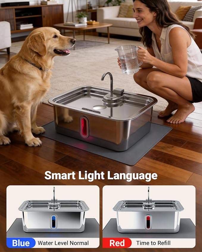 12L/3.17Gal Dog Water Fountain with Silicone Mat & 3 Filters, Stainless Steel Multi Pet Water Dispenser, Quiet Automatic Dog Water Bowl Dispenser with Visible Window & Alert Light for Large Dogs Cats