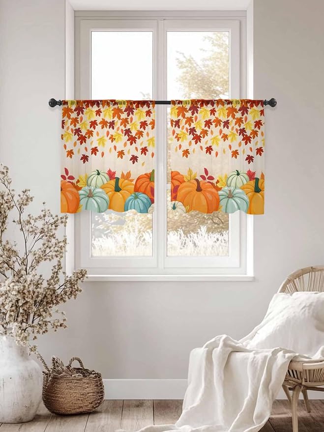 Thanksgiving Fall Chiffon Semi-Sheer Curtain 45 Inch,Autumn Pumpkins Maple Leaves Rod Pocket Voile Window Curtain Panels,Orange Watercolor Tulle Curtains Drape for Living Room/Sliding Door, 104"x45"