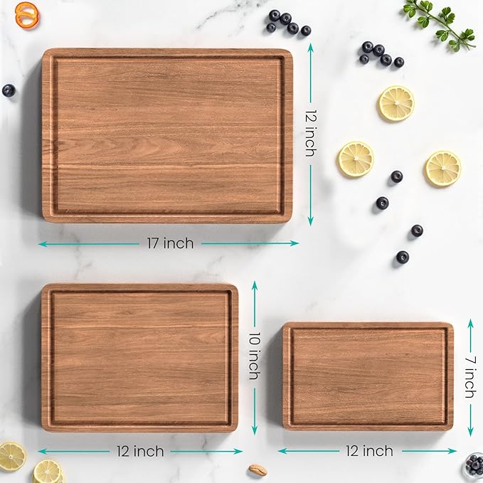 Acacia Wood Cutting Boards Set 3-Piece with Juice Groove & Handles | Charcuterie Chopping Board for Kitchen Meat Cheese Fruits Vegetables Heavy Duty Slip Solid Thick Gift