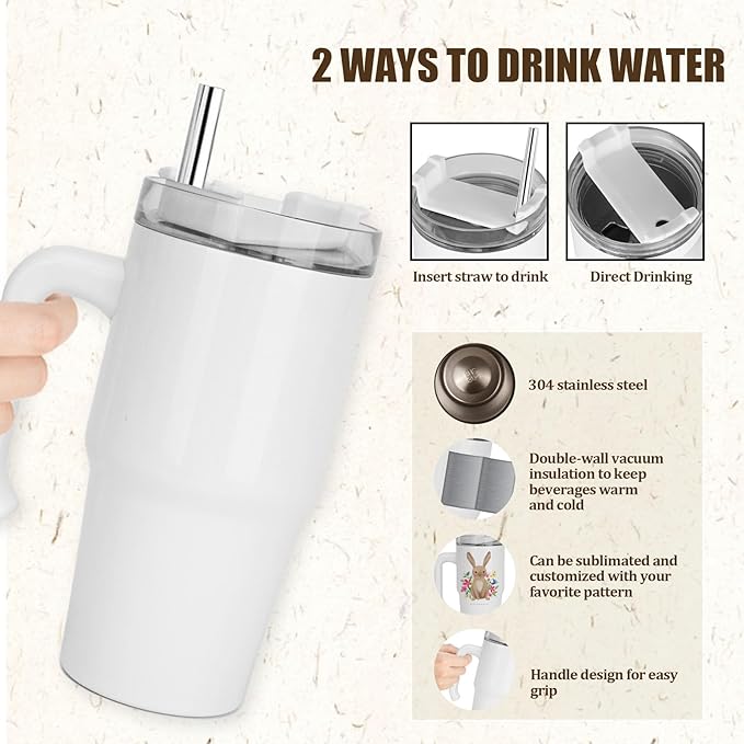 20 oz Sublimation Tumbler with Handle and Metal Straw，Travel Coffee Mug w/Brush,Stainless Steel Double Wall Vacuum Reusable Water Bottle for Most Frames