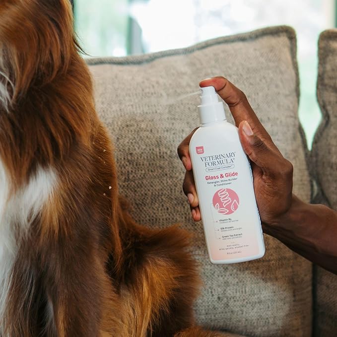 Smooth Coat Care Set by Tweezerman & Veterinary Formula – Gloss & Glide Detangling Spray with Large Slicker Brush for Dogs, Cats, Puppies & Kittens – Tangle-Free Grooming Duo for Medium & Large Breeds