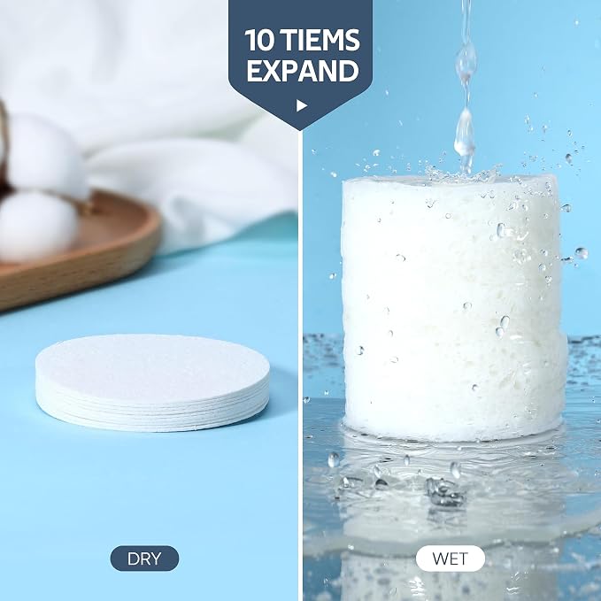 50-Count Compressed Facial Sponge, GAINWELL White Cellulose 100% Natural Cosmetic Spa Sponges for Facial Cleansing, Exfoliating Mask, Makeup Removal