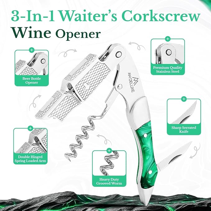 Wine Bottle Opener Set - Professional Waiters Corkscrew Wine Opener, Wine Aerator Pourer Spout, Wine Bottle Stopper, Wine Collar Drip Ring. 4-Piece Wine Accessories Gift Set