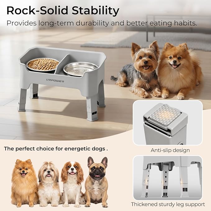 URPOWER Mess Proof Elevated Dog Bowls for Small Dogs with Splash Guard | 2 Stainless Steel Dog Bowls Non-Slip Food and Water Bowl Set with High Wall Splash Guard Design for Small Dogs, Light Grey