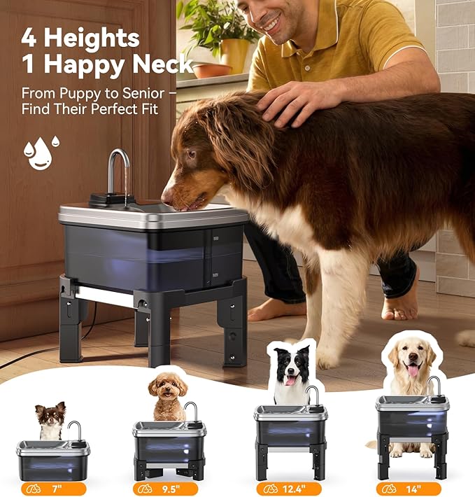 9L/2.38Gal Dog Water Fountain Elevated with 4-Height Adjustable Stand, FeelNeedy Large Pet Water Dispenser with Durable Ultra-Quiet Pump & 304 Stainless Steel Tray, Water Fountain for Dogs Indoor