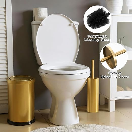 Maxdot 2 Pcs 2.4 Gallon/9 L Gold Bathroom Trash Can with Flip Lid and Toilet Brush Set, Small Luxury Stainless Steel Garbage Trash Can Wastebasket Bin for Home Office Hotel Bathroom Bedroom Kitchen
