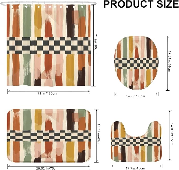 Brush Patterns Shower Curtain Sets, Modern Abstract Checkered Stripes Fall Earth Tones Polyester Waterproof Bathroom Shower Curtain and Bath Mat Set for Bath Bathtub Apartment Decor 72x72 Inch