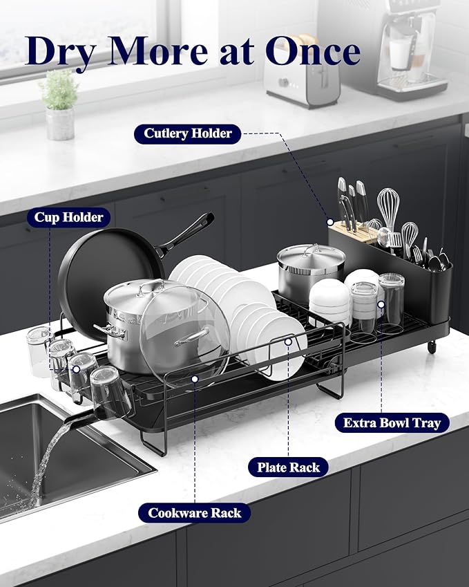 Kitsure Large Dish Drying Rack - Extendable Dish Rack, Multifunctional Dish Rack for Kitchen Counter, Anti-Rust Dish Drainers with Cutlery & Cup Holders 19.2"-26.7" L x 12.9" W, Black