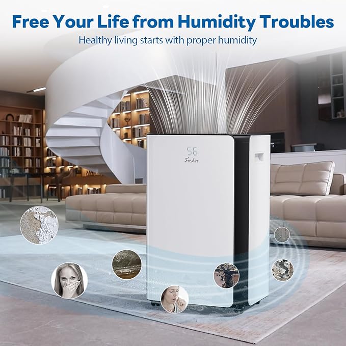 FreAire 54Pint 4500Sq.Ft Dehumidifier for Basement with Drain Hose, 30dB Quiet Compressor Dehumidifiers for Home, Front LED Digital Humidity Display for Bedroom, Bathroom, 1.13 Gallon Water Tank