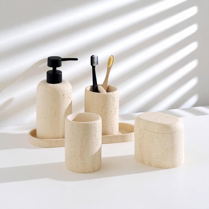 Bathroom Accessories Set, Travertine Stone Look, 5 PCS, Yellow | Modern, Bathroom Set with 13.53 OZ Soap Dispenser, Toothbrush Holder, Tumbler, Vanity Tray, Cotton Swab Jar for Countertop
