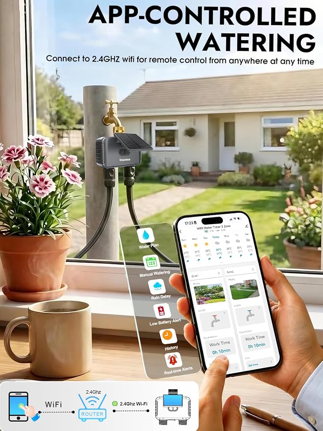 Insoma Solar WiFi Water Timer w/Adjustable 120° Solar Panel, 2-Zone Smart Sprinkler Timer Solar&Type-C Powered, APP&Voice Control Auto Irrigation for Lawn Garden, No Need Hub, Work with Alexa&Google