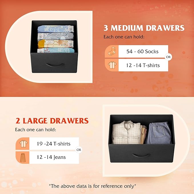 WLIVE 5 Drawer Dresser for Bedroom, Wide Chest of Drawers, Charcoal Black | 5 roomy fabric drawers, Wide low-profile design, Bedroom or closet use, Sturdy steel frame, Smooth wood tabletop
