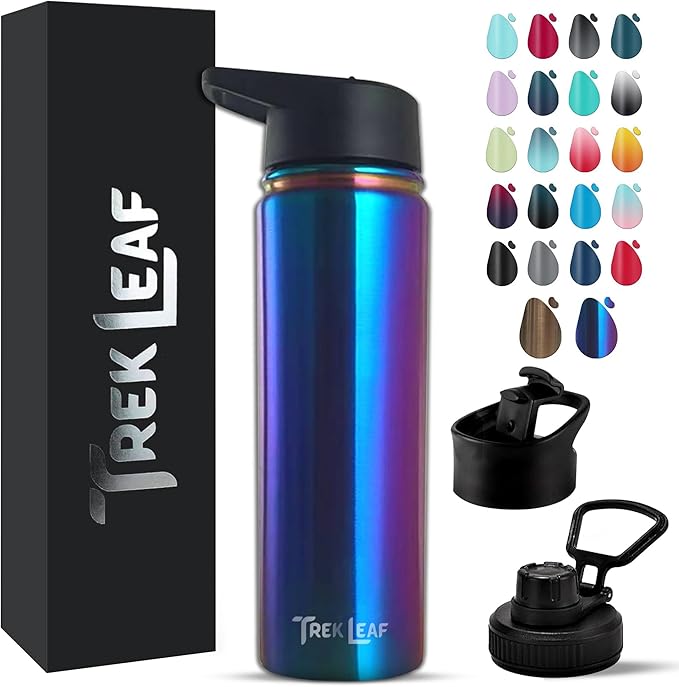 Travel Water Bottle with 3 Lids (Spout, Straw, Flip) Leak Proof, Quality, Vacuum Insulated, Stainless Steel (Twilight, 22 oz)