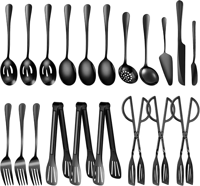 20 PCS Serving Utensil Set - Stainless Steel Complete Buffet Catering Utensils for Summer BBQ, Grilling, Picnic, Parties & Family Gatherings - Outdoor Serving Set (Black)