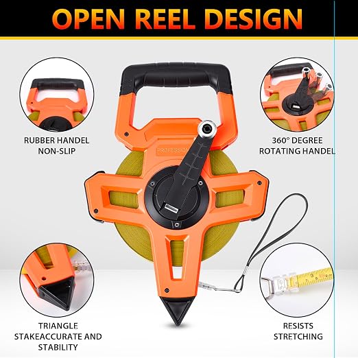 200ft/61m Open Reel Long Steel Tape Measure, 1/2" Nylon-Coated Steel Blade, Dual Inch/Metric Scales, ABS Impact-Resistant Case for Construction, Surveying, Orange