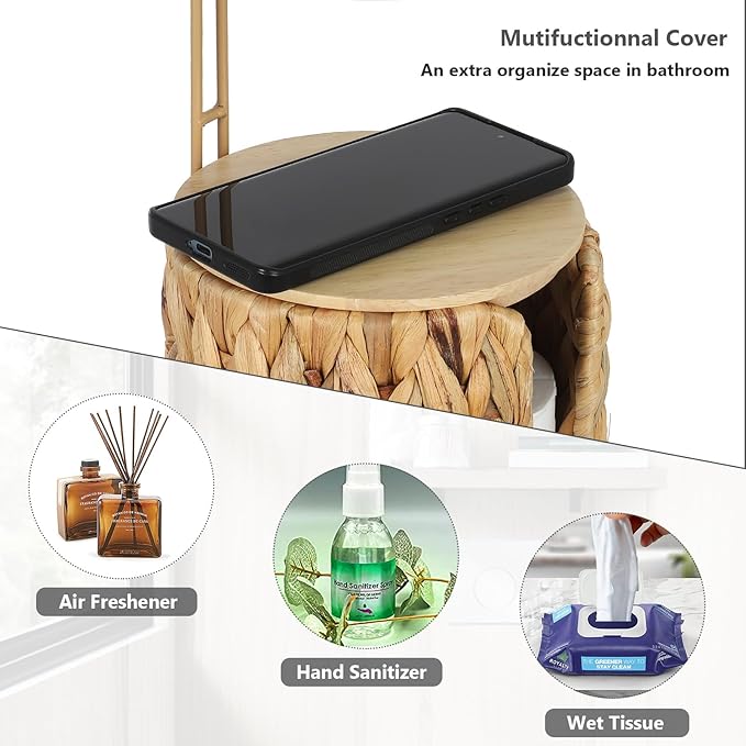 Freestanding Toilet Paper Holder with Storage,3 Rolls of Tissue Holder for Bathroom,Handmade Woven Toilet Paper Roll Holder Stand,Water Hyacinth Boho Bathroom Decor Farmhouse Toilet Paper Storage