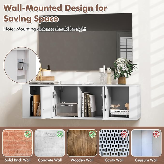 Giantex Wall Mounted Storage Cabinet 2 Cube Floating Media Hanging Desk W/2 Doors and 2 Open Shelves, Home Office Furniture for Kitchen, Bathroom, Living Room Floating Console Hutch (White)