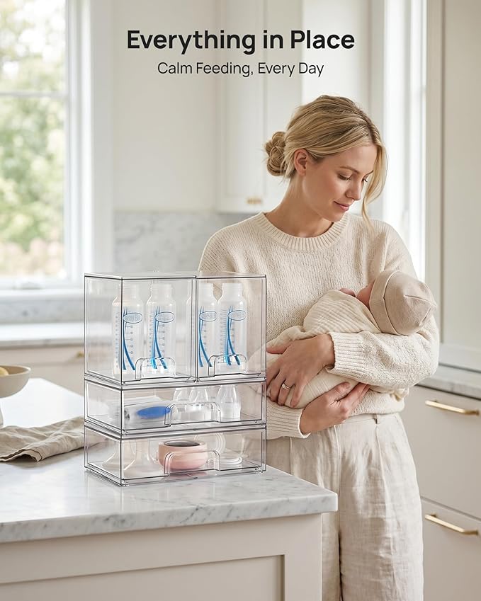 Vtopmart Clear Stackable Storage Drawers Set of 4, Plastic Organizer Bins for Makeup, Cosmetics, Beauty Supplies,Ideal for Vanity, Bathroom,Cabinet,Pantry Organization