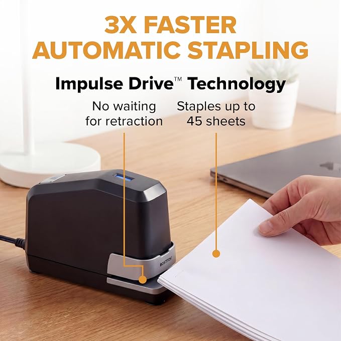 Bostitch Office Impulse Heavy Duty Electric Stapler Value Pack, 45 Sheet Capacity, Includes 5,000 Staples & Staple Remover, No-Jam, Faster Stapling, Black