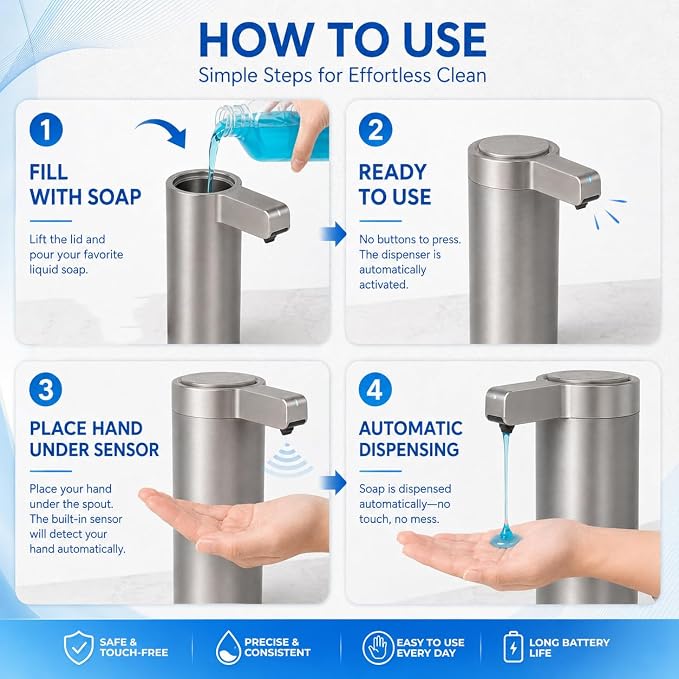 Automatic Soap Dispenser Touchless Liquid Soap Dispenser 9.1 oz/270ml 3-Level Adjustable Stainless Steel 0.2s Fast Sensor USB Type-C Rechargeable Bathroom Kitchen Hotel Hand Soap Dispenser