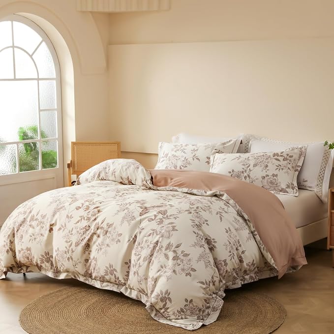 Duvet Cover Set King Size Floral Pattern 600 Thread Count Ultra Soft 100% Long Staple Cotton Duvet Cover Sets 3-PC, Breathable Duvet Cover with Zipper Closure & Corner Ties